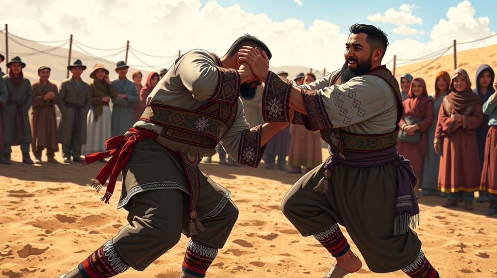 Flux Schnell Animestyle depiction of two Kokh wrestlers tightl 0