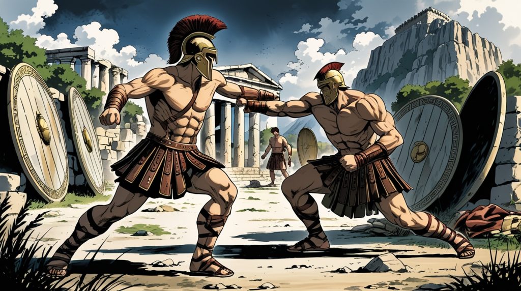 Leonardo Phoenix 10 Spartan soldiers practicing Pankration in 1