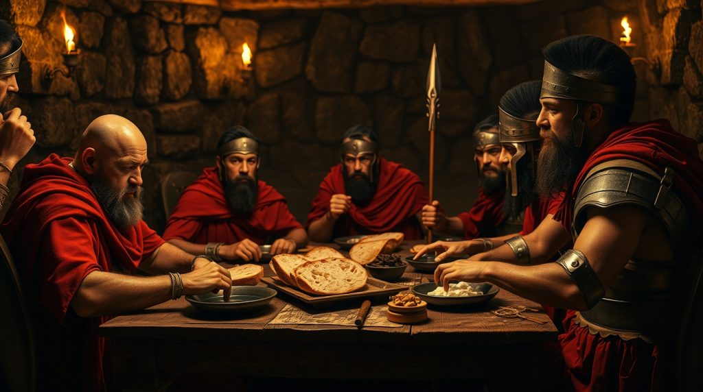 Flux Schnell Spartan soldiers with strong facial features and 1